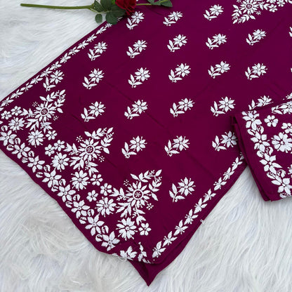 Maya Rayon Chikankari Kurti Plazo Set - Wine Colour