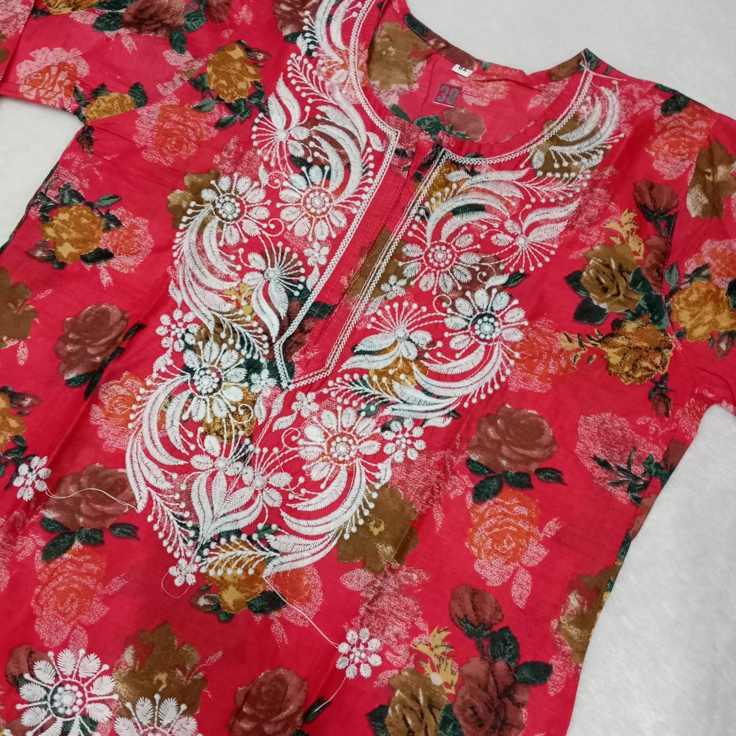 Mulmul Cotton Floral Print Chikankari Machine Work Kurti -Red Colour