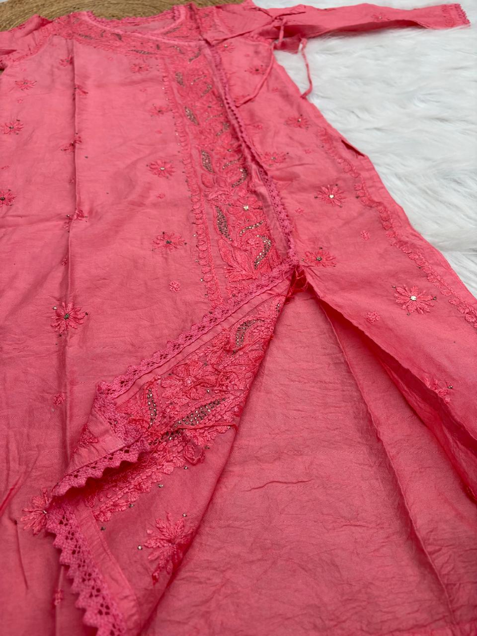 Naaz Chanderi Angrakha style Chikankari Kurti with Mukaish work -Gazri Colour