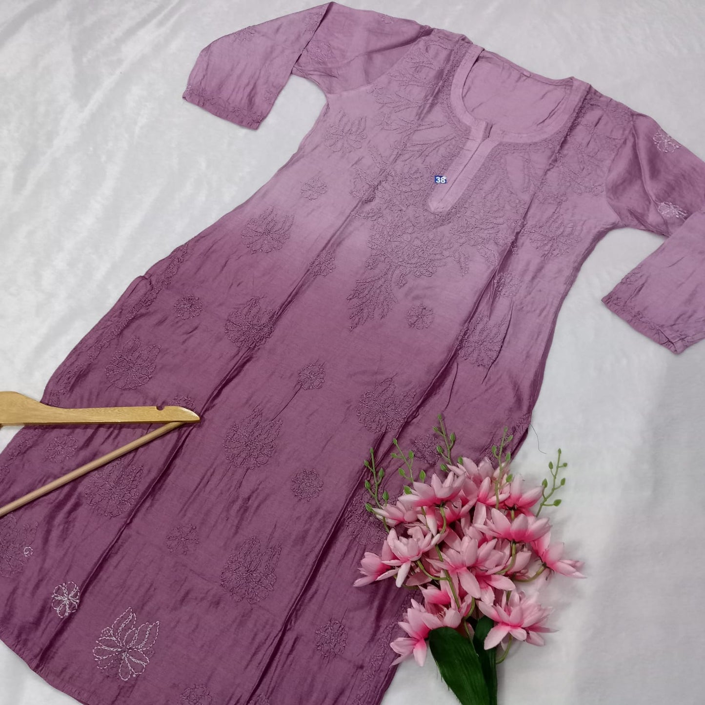 SOFT CHANDERI DUAL SHADED CHIKANKARI KURTI - WINE     COLOR