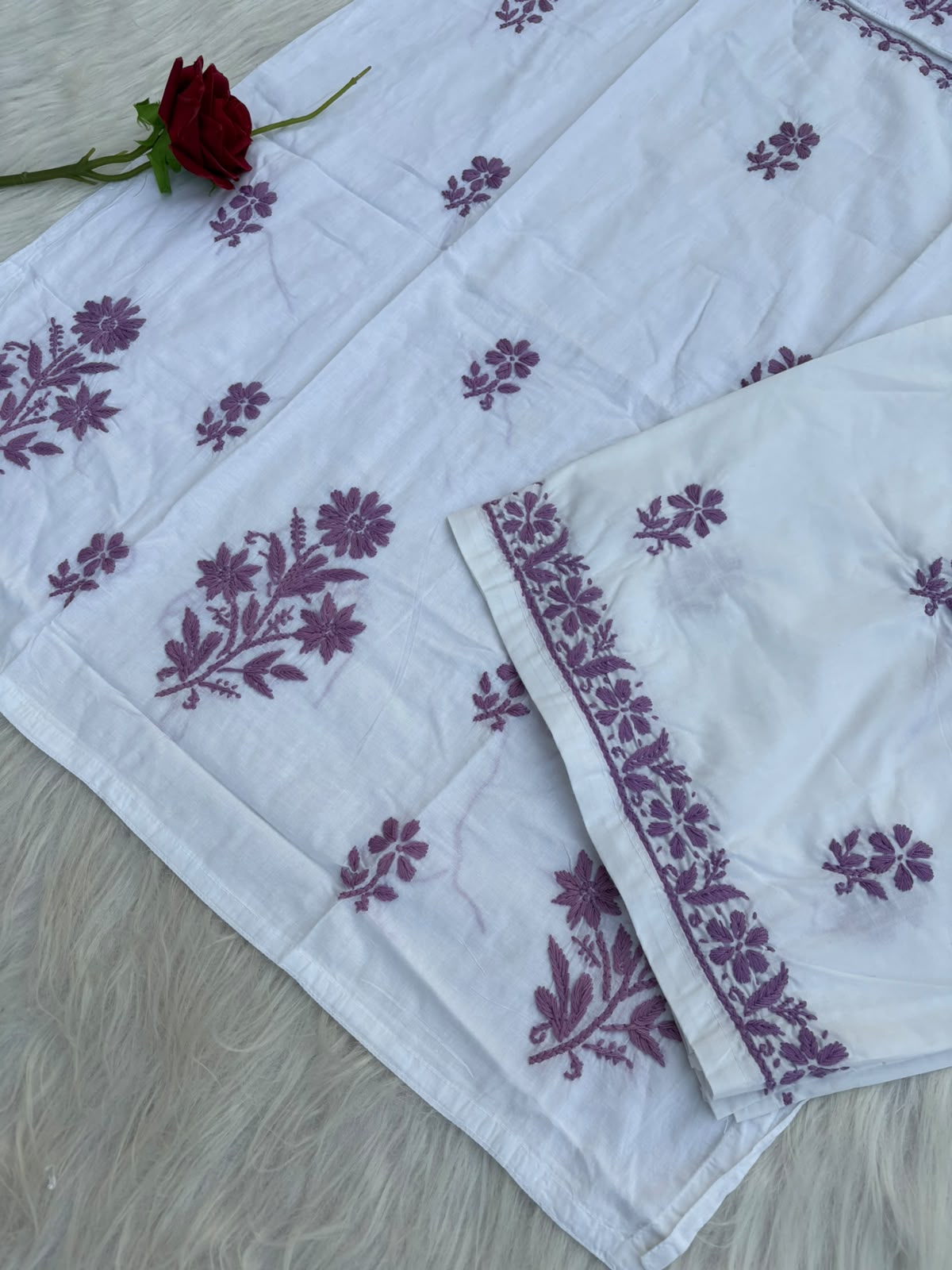Heer Plus Size Cotton Handwork Chikankari Kurti Set - White Purple