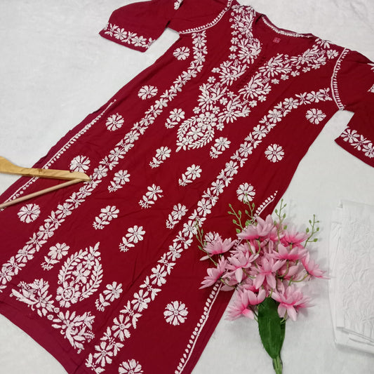 Premium Modal Silk Chikankari Kurti -   Red Color