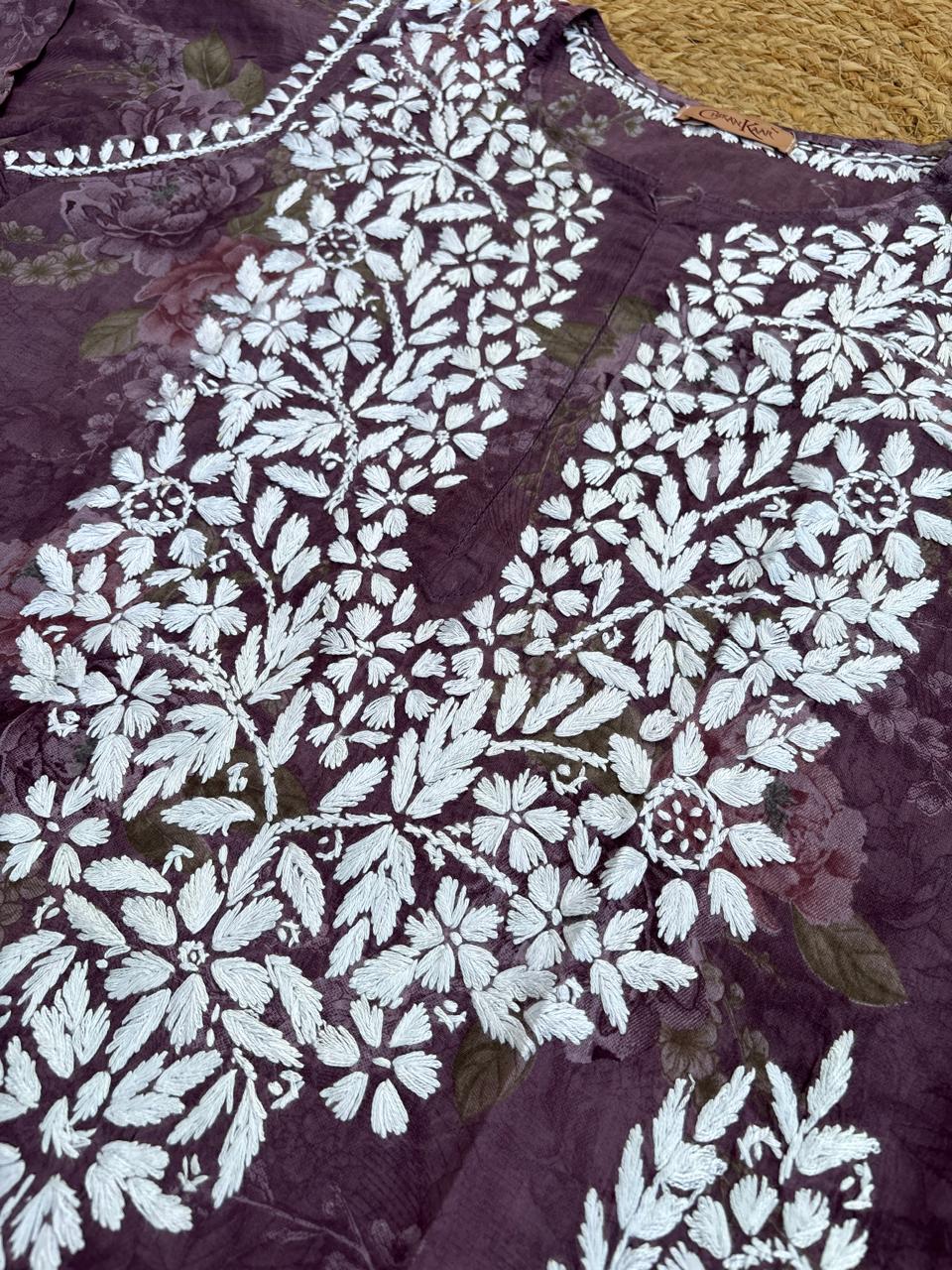 Zaina Pure Mulmul Chikankari Handwork Kurti - Purple Colour