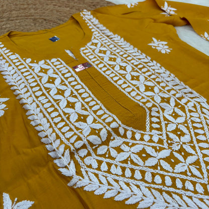 Afana Silk Chikankari Kurti Plazo set Yellow Colour