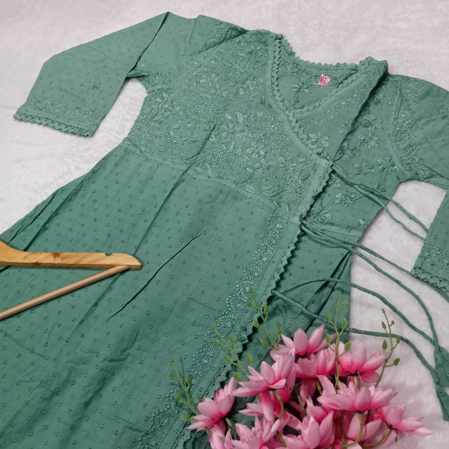 Ombre Shaded Dobby Cotton Chikankari Angarakha -Dark Green Colour