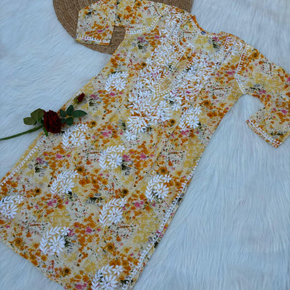 Fatima Pure Mulmul Chikankari  Handwork Kurti - Yellow Colour