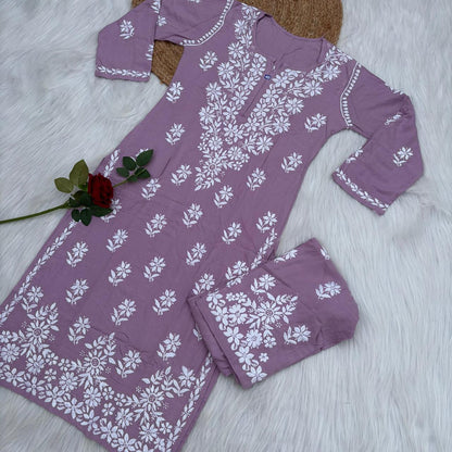 Maya Rayon Chikankari Kurti Plazo Set - Lavender Colour