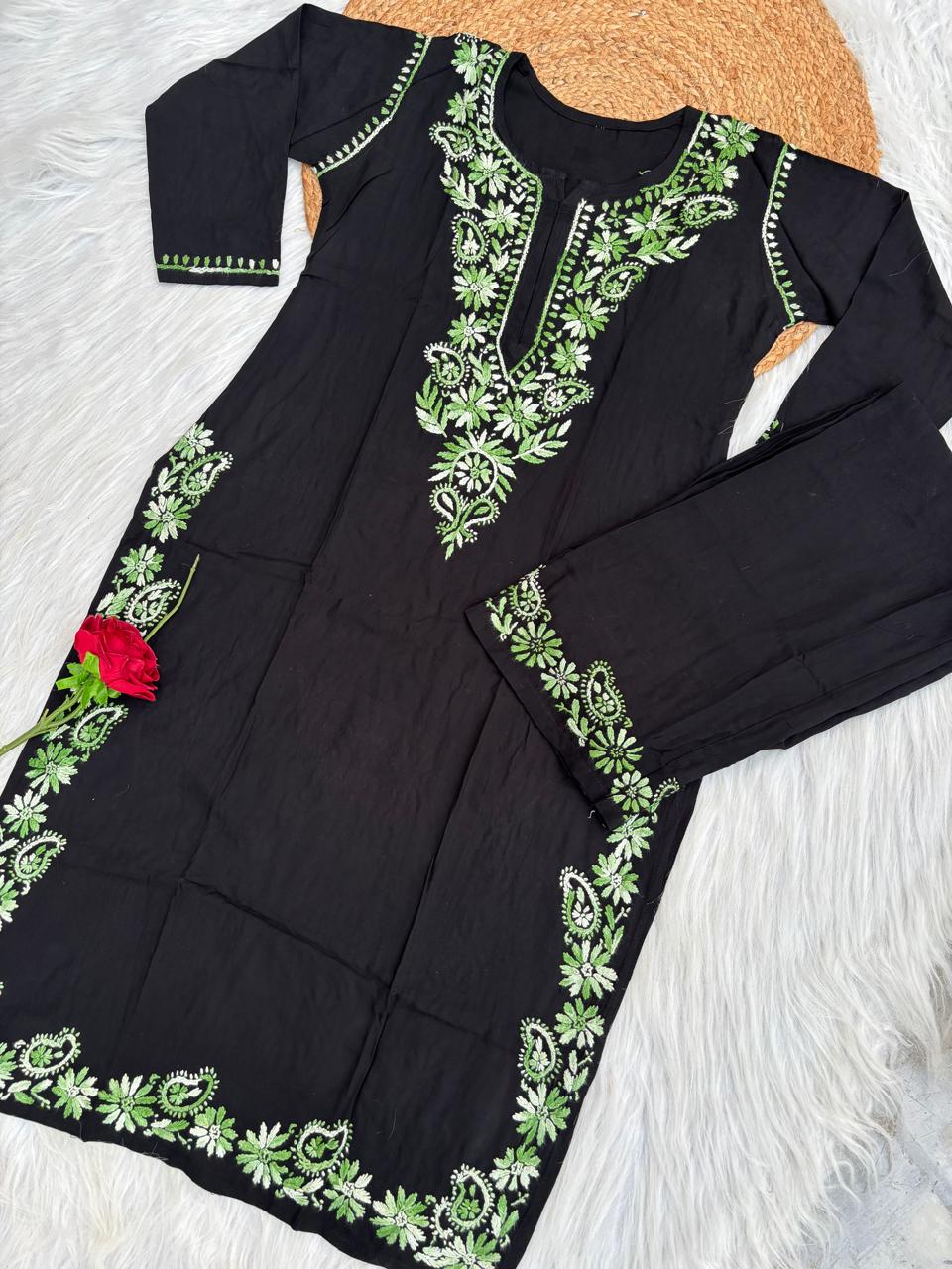 Lubna Rayon Handwork Chikankari Kurti Set- Green Colour
