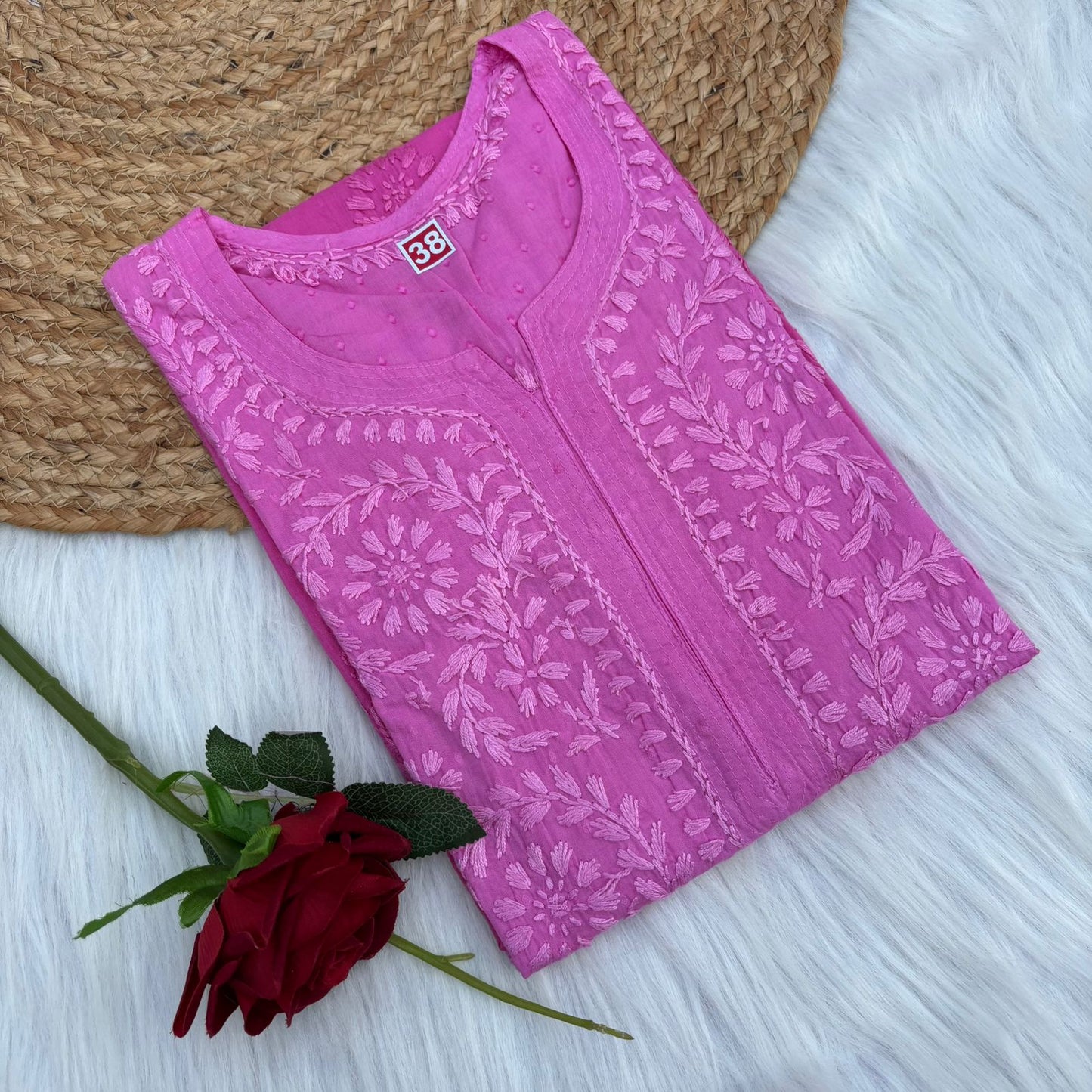 Tuba Ombre Shaded Dobby Cotton Chikankari Kurti - Pink Colour