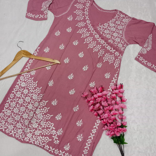 Zeenat Rayon Side Button Chikankari Kurti -Blush  Colour