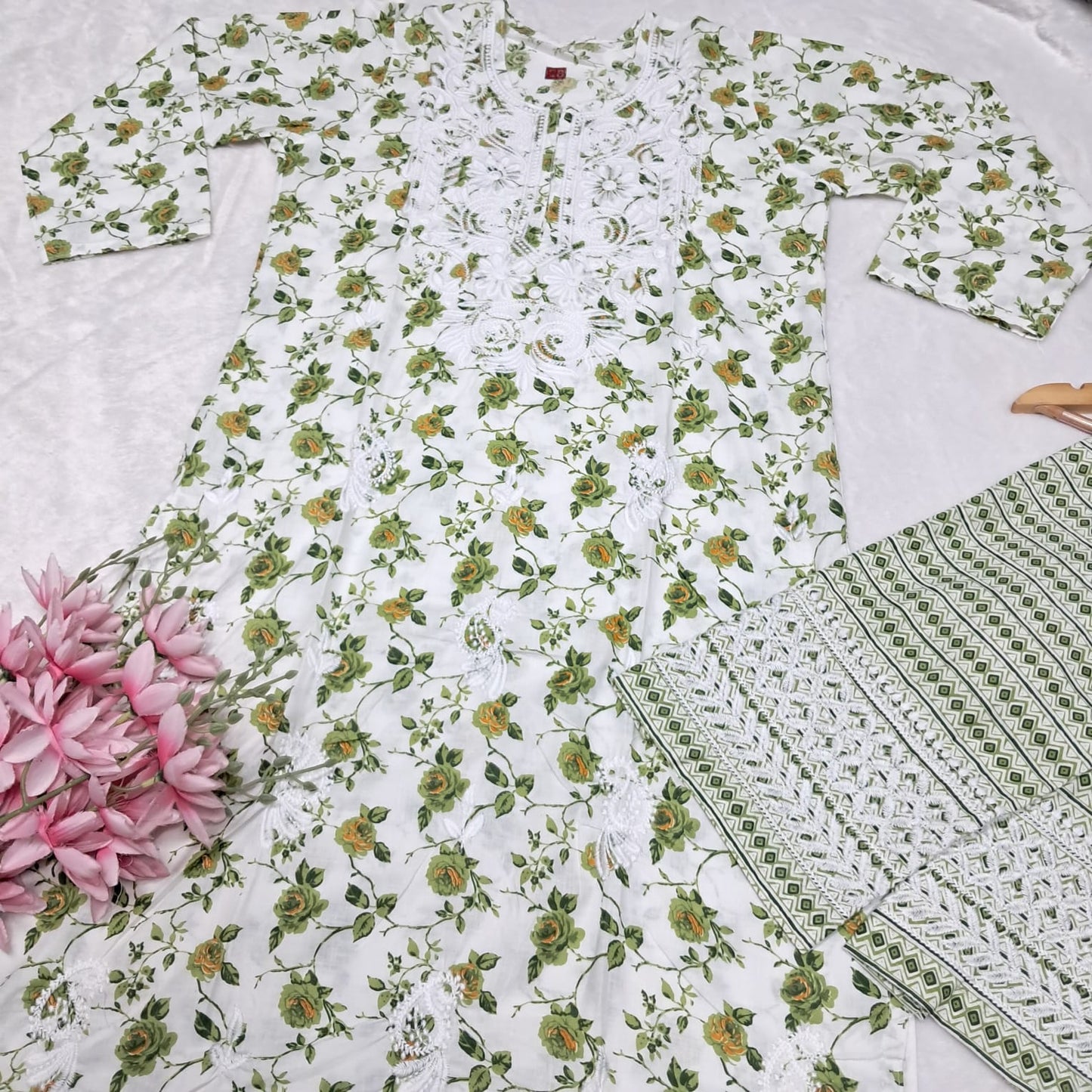 Printed Cotton Chikankari Machine Work Kurti Plazo Set - Green Colour ( Free Earrings!)