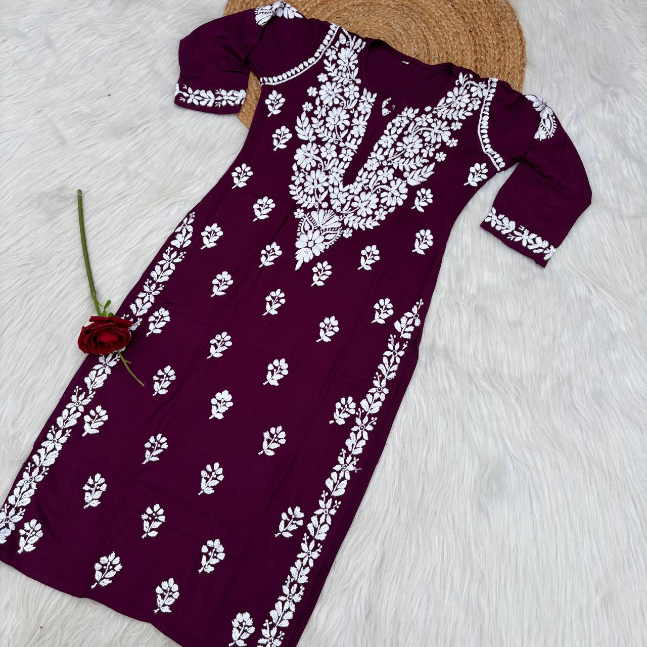 Maysa Soft Rayon Chikankari Kurti - Wine Colour