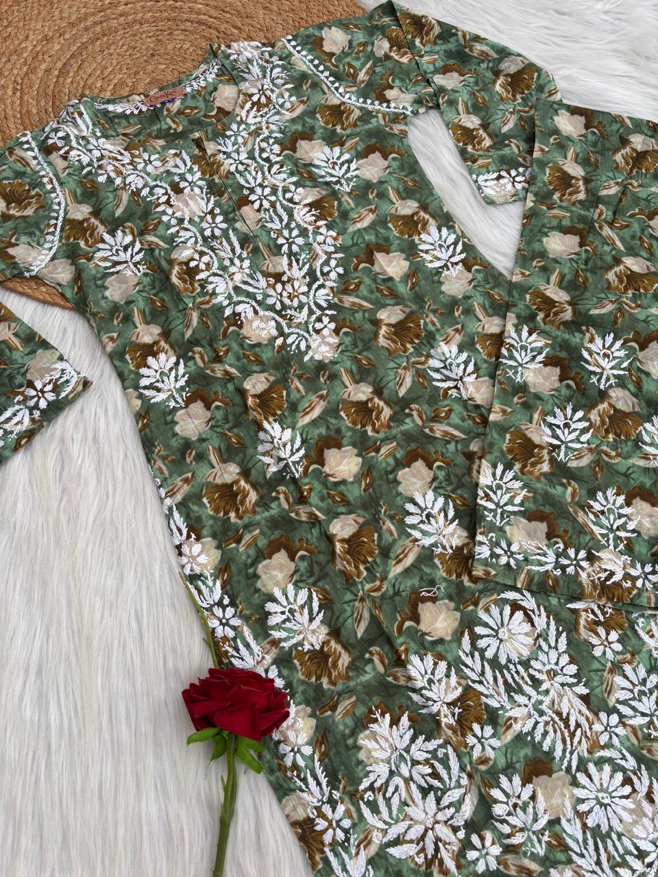 Elena Mulmul Cotton Handwork Chikankari Kurti Set - Dark Green Colour