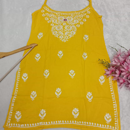 Nafisa Chikankari Sleeveless Short Kurti -Yellow Colour