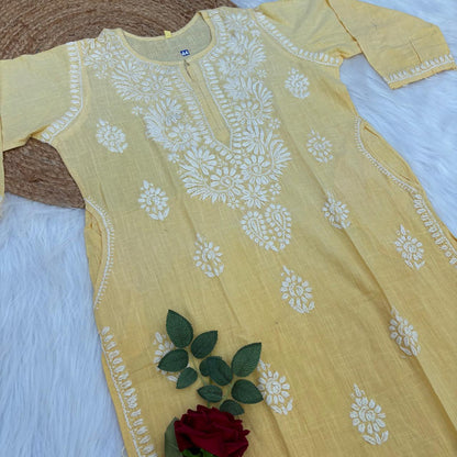 Isha Slub Cotton Chikankari Kurti - Yellow colour