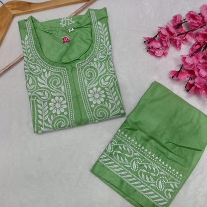 Rayon Chikankari Machine Work  Kurti Plazo Set- Green  Colour