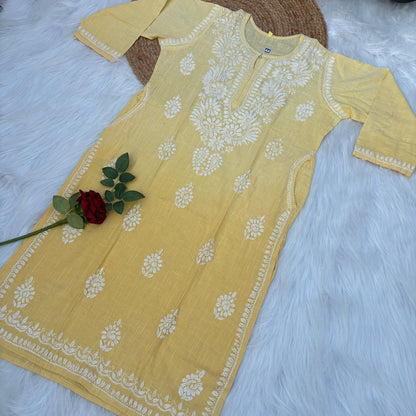 Isha Slub Cotton Chikankari Kurti - Yellow colour