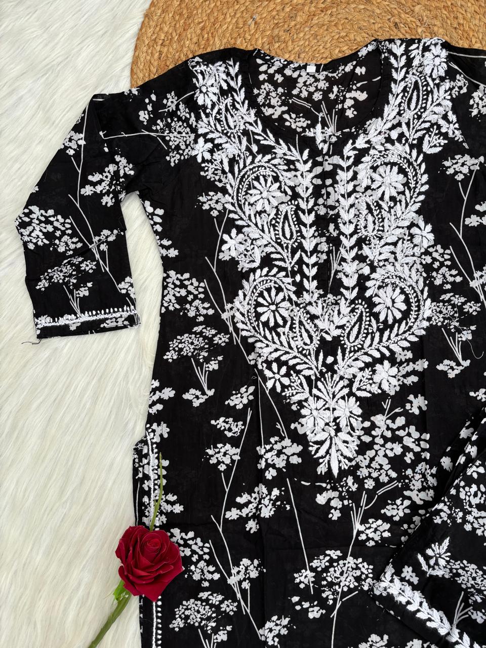Jiya Mulmul Cotton Handwork Chikankari Kurti Set - Black Colour