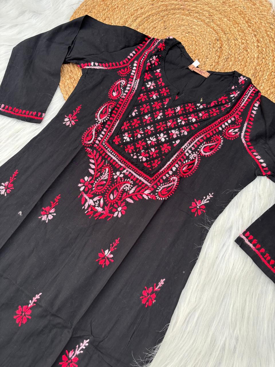 Maryam Handwork Cotton Lucknowi Chikankari Kurti - Red Colour