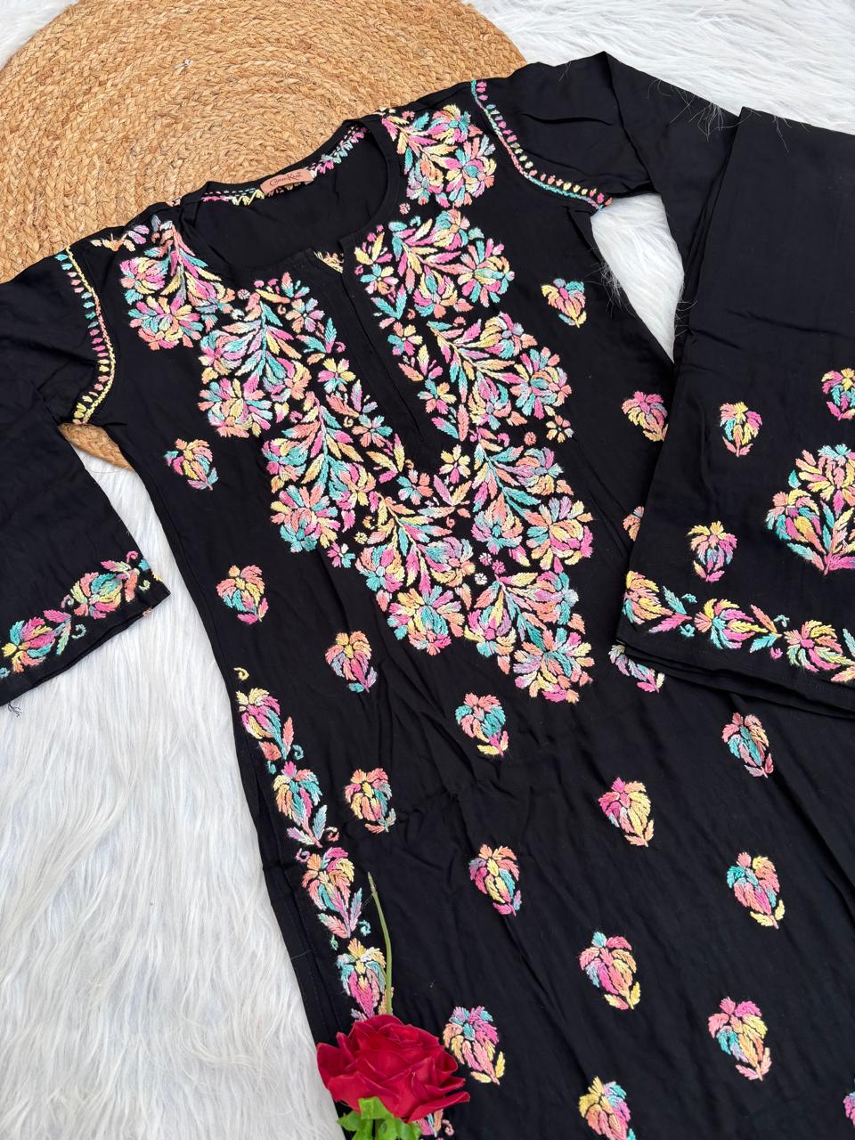 Rawa Soft Rayon Multi Handwork Chikankari Kurti Plazo Set -Sea Green Colour