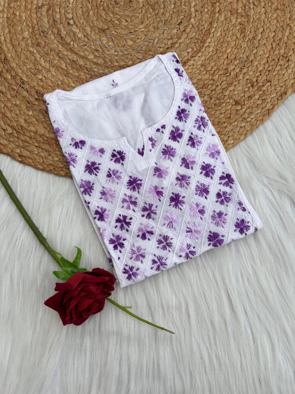 Zoya Cotton Lucknowi Handwork Chikankari Kurti - White Purple Colour