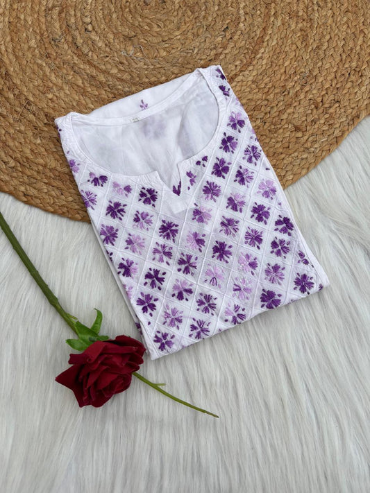 Zoya Cotton Lucknowi Handwork Chikankari Kurti - White Purple Colour