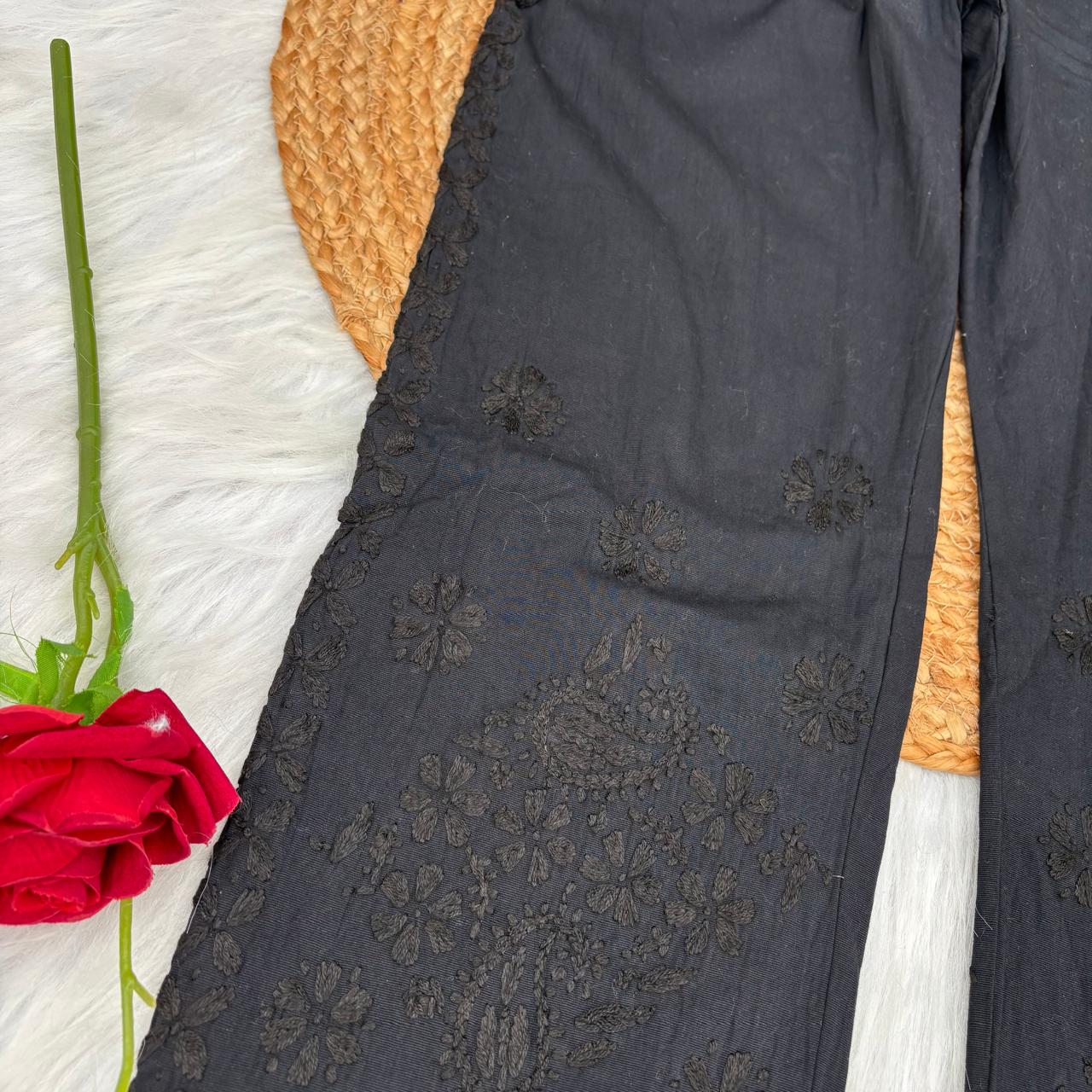 Yara Pure Cotton Lycra Handwork Chikankari Pant- Black colour