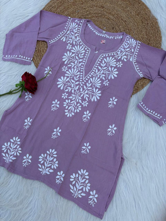 Ina Soft Rayon Handwork Chikankari Short Kurti - Mauve Colour