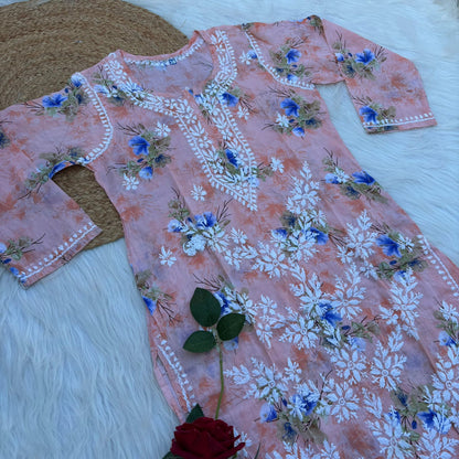 Rasha Pure Mulmul Chikankari Kurti - Peach Color