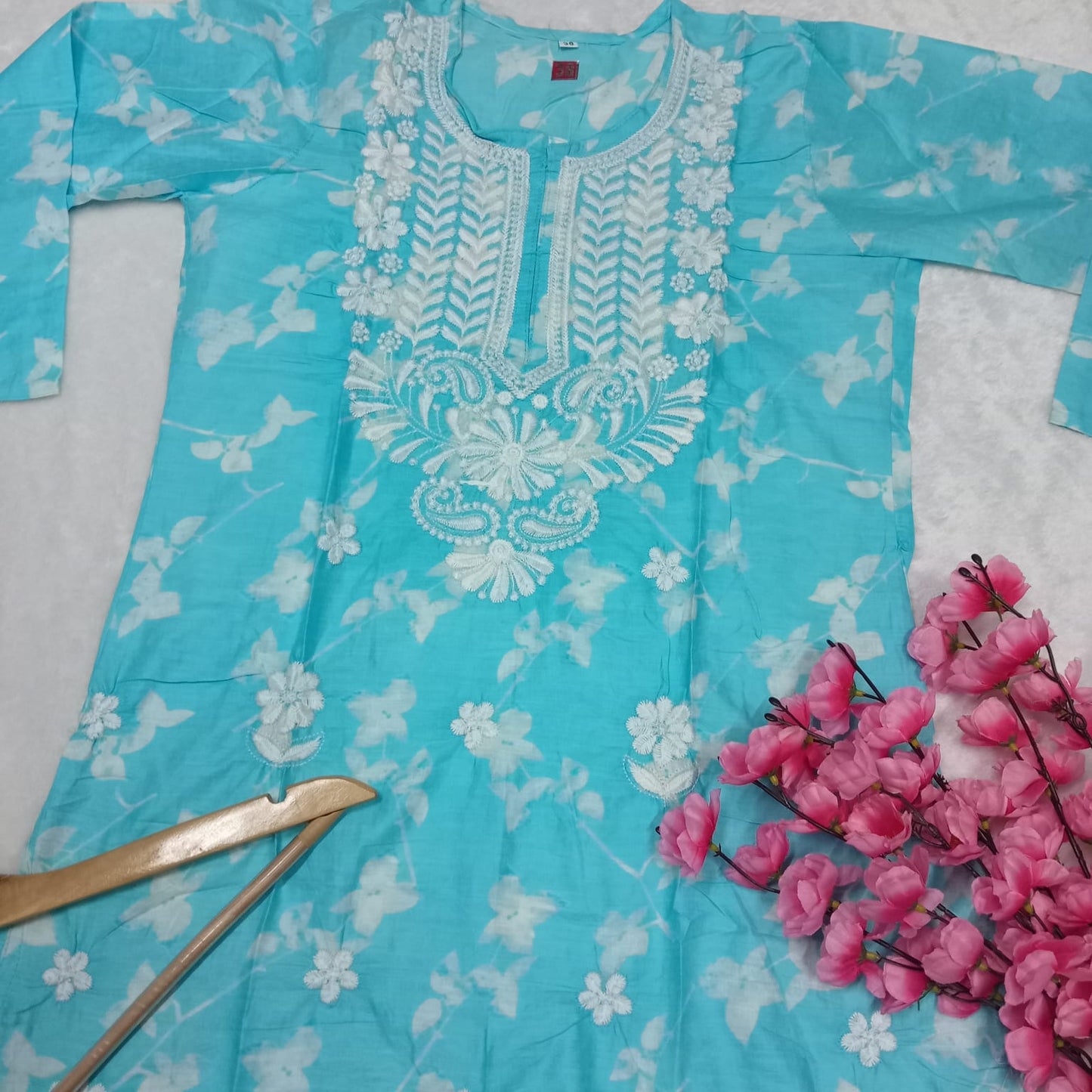 Mulmul Cotton Chikankari Machine Work Kurti - Sky Colour