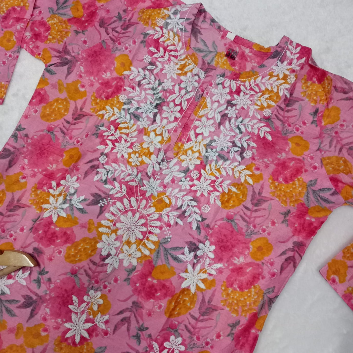 MULMUL COTTON CHIKANKARI MACHINE WORK KURTI - PINK  COLOUR