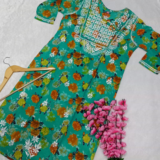 Masooma Mulmul Floral Printed Chikankari Handwork Kurti - Sea Green Colour