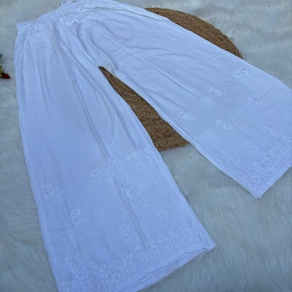 Aliza Soft Rayon Chikankari Plazo - White Color - Chikankaar