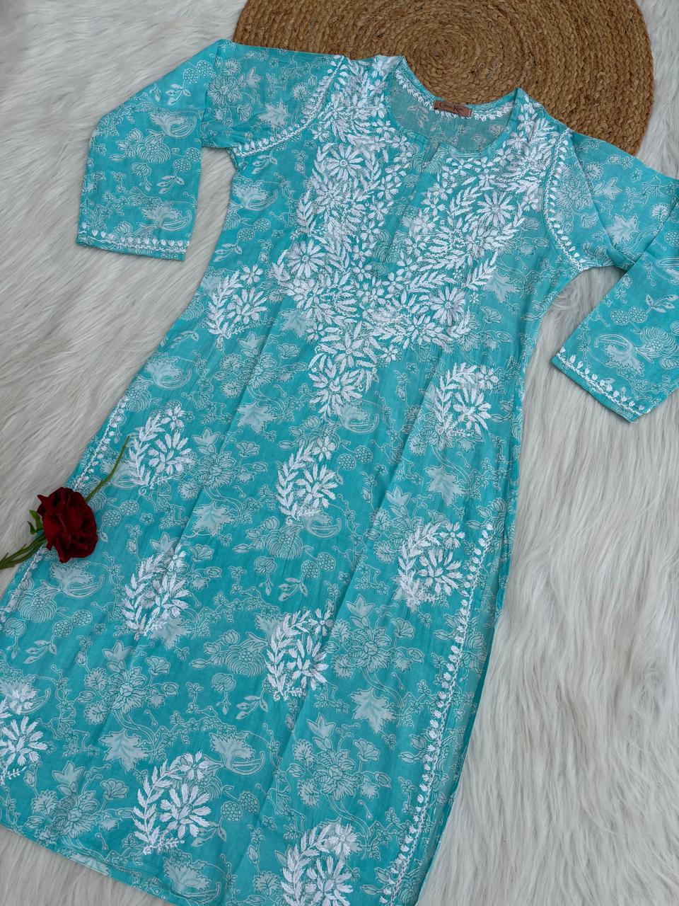 Sameera Pure Mulmul Chikankari Handwork Kurti - Blue Colour