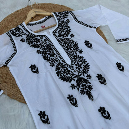 Shraddha Kapoor inspired Pure Cotton Chikankari Kurti - White Black Color - Chikankaar