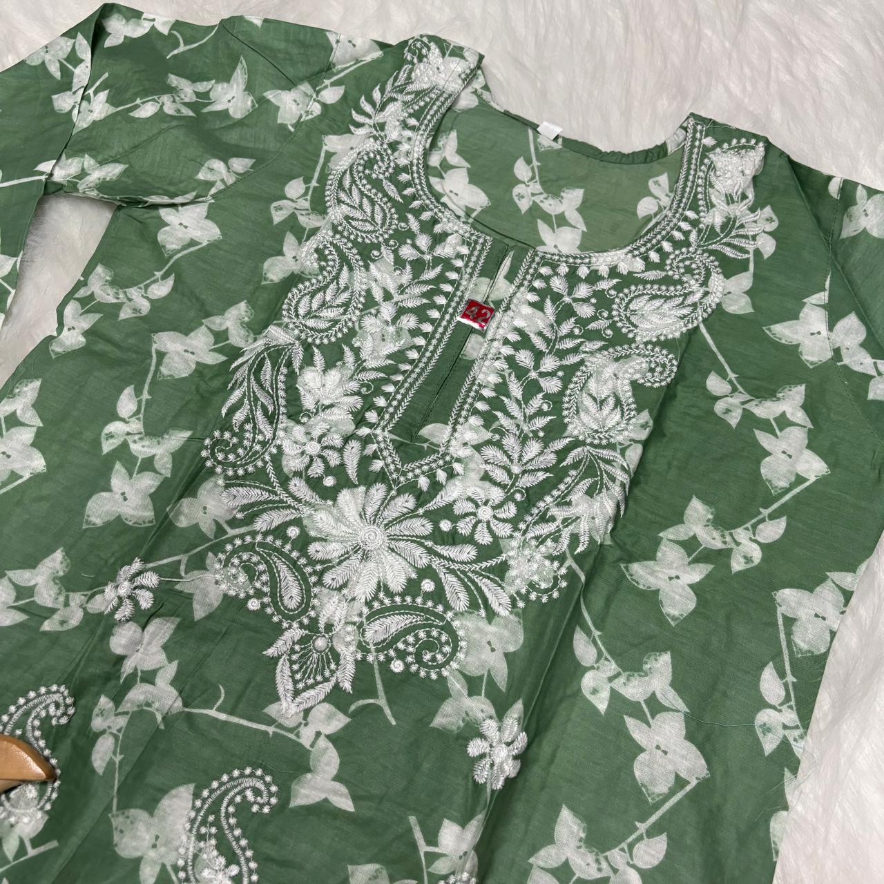 Mulmul Cotton Chikankari Machine Work Kurti -Dark Green Colour