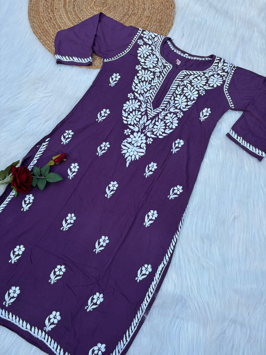 Hiba Soft Rayon Chikankari Kurti - Violet Colour