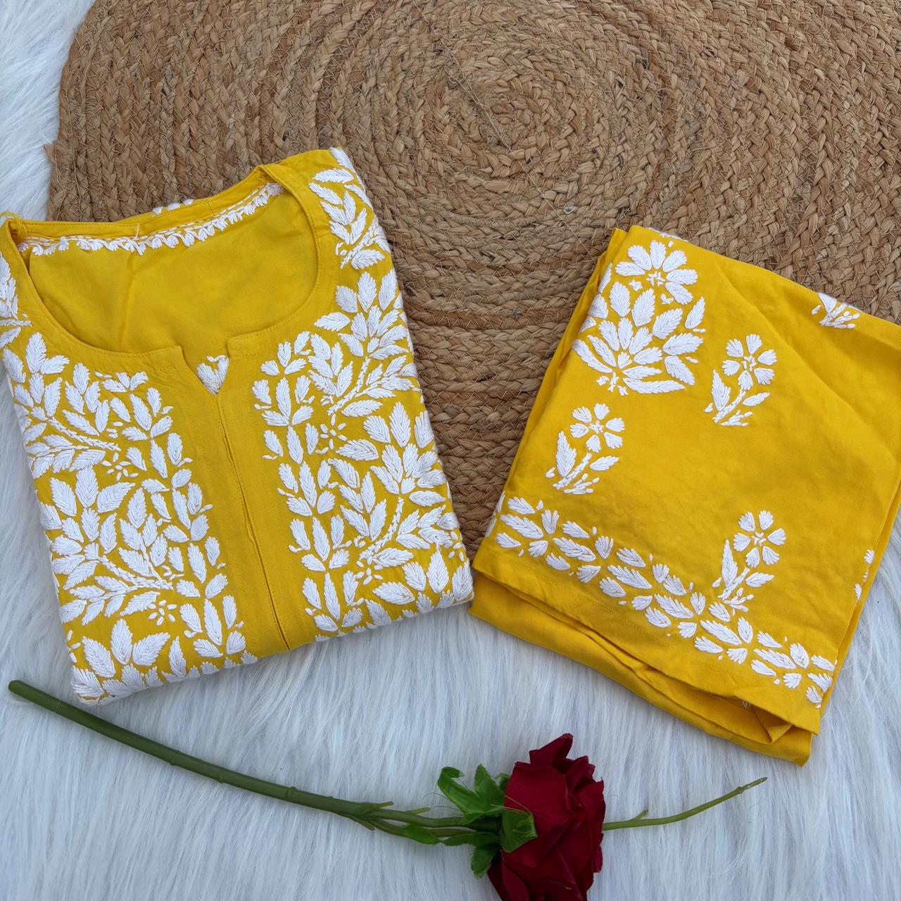 Samara Rayon Handwork Chikankari Kurti Plazo Set - Yellow Colour