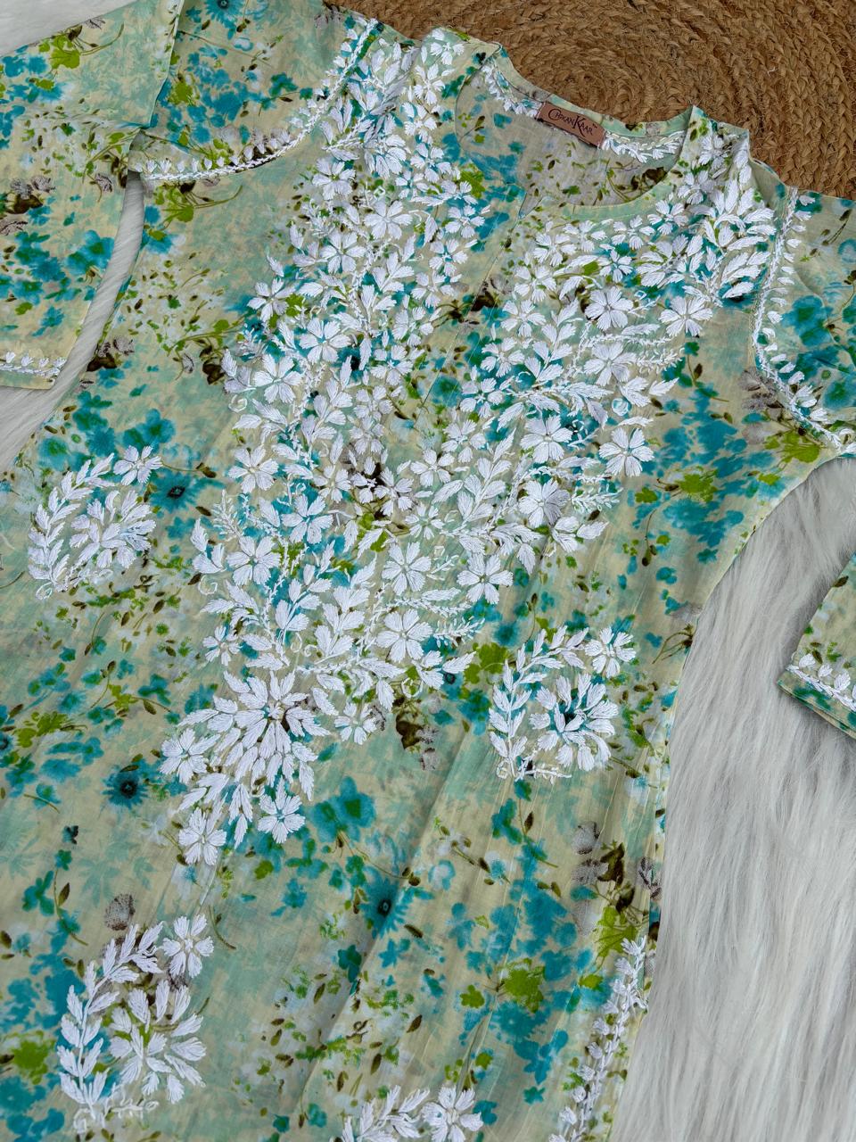 Fatima Pure Mulmul Chikankari  Handwork Kurti - Sea Green Colour