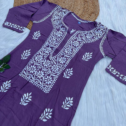 Soft Rayon Chikankari Kurti - Wine Colour