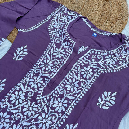 Soft Rayon Chikankari Kurti - Wine Colour