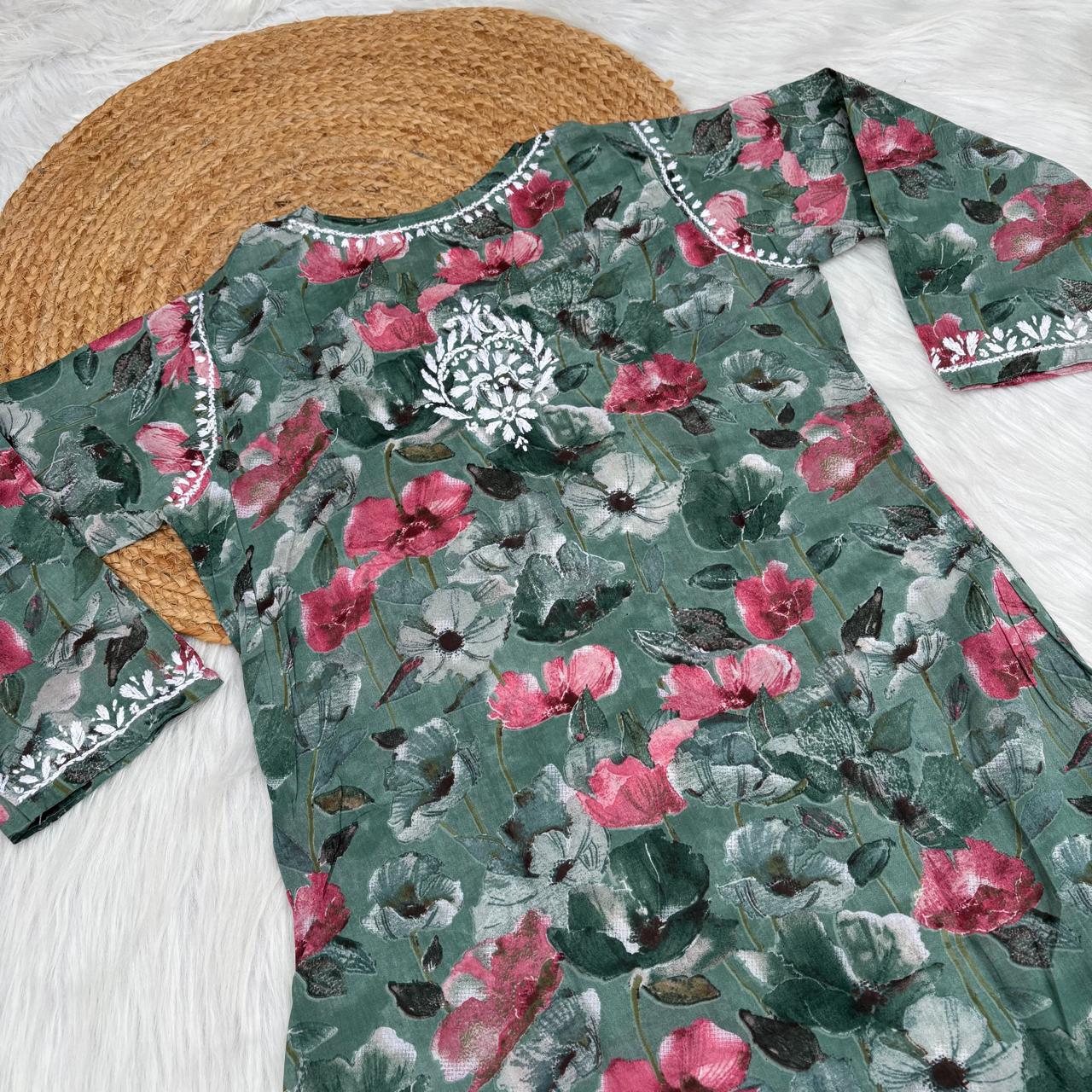 Jameela Mulmul Cotton Chikankari Kurti Set - Dark Green Colour