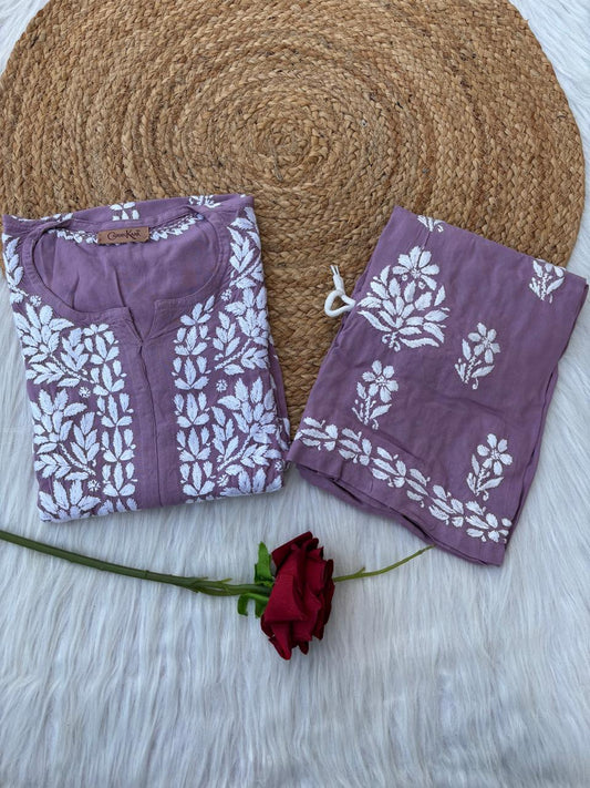 Samara Rayon Handwork Chikankari Kurti Plazo Set - Mauve Colour
