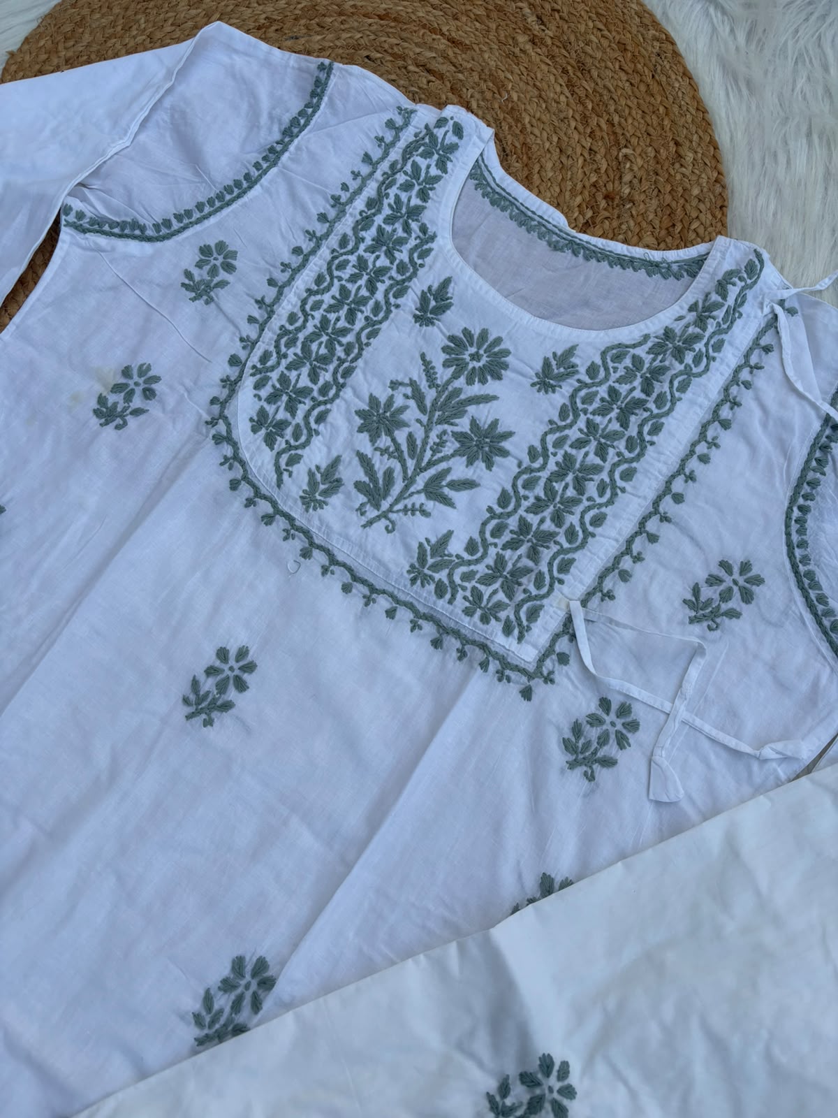 Heer Plus Size Cotton Handwork Chikankari Kurti Set - White Grey