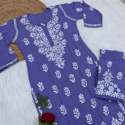 Maya Rayon Chikankari Kurti Plazo Set - Purple Colour