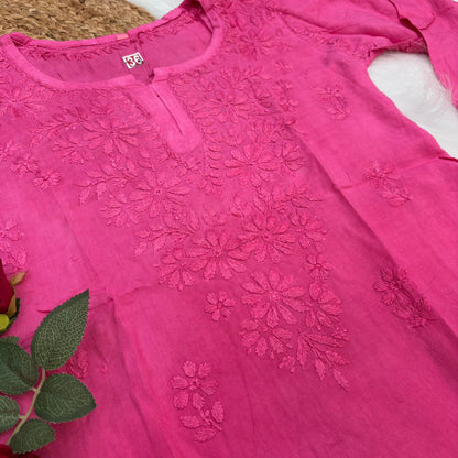 Sofia Ombre Shaded Soft Rayon Chikankari Short Kurti - Dark Pink Colour - Chikankaar