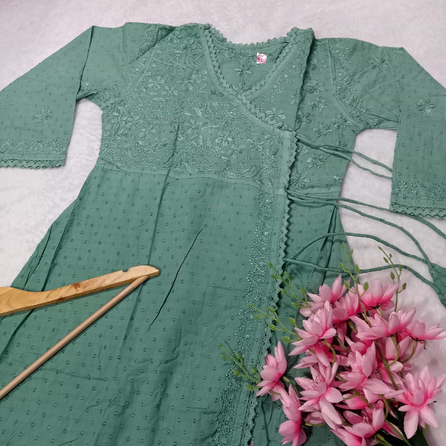 Ombre Shaded Dobby Cotton Chikankari Angarakha -Dark Green Colour