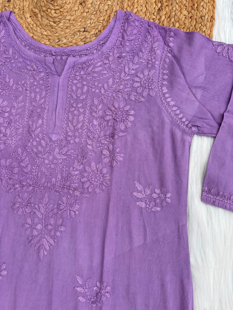 Kiara Dyeable Soft Rayon Handwork Chikankari Kurti - Purple Colour