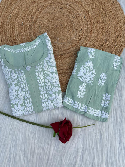 Samara Rayon Handwork Chikankari Kurti Plazo Set - Pista Green Colour