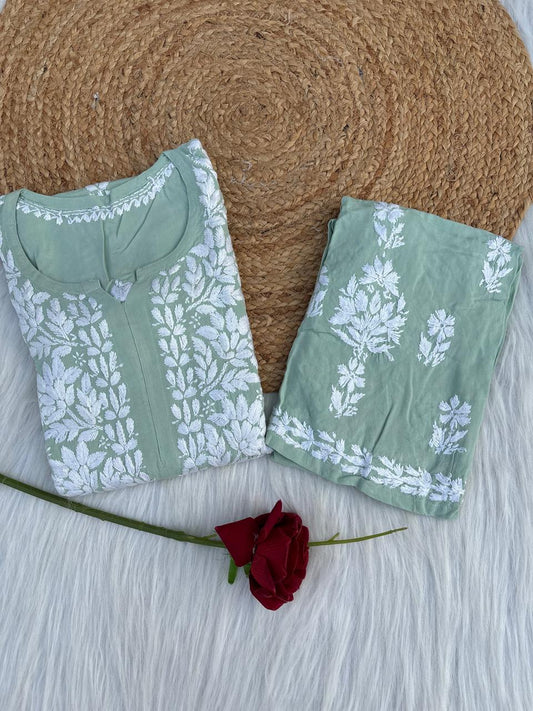 Samara Rayon Handwork Chikankari Kurti Plazo Set - Pista Green Colour